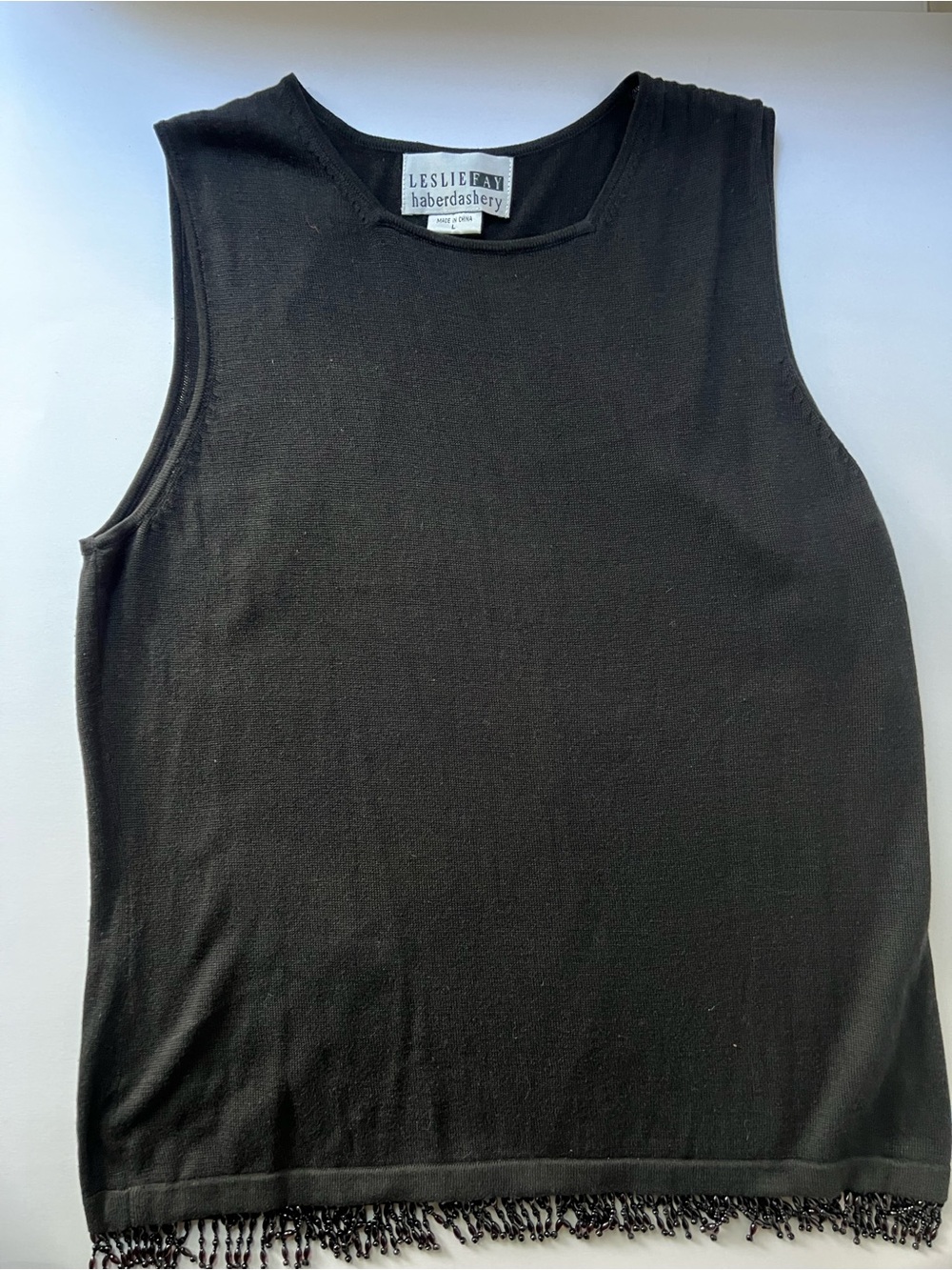 Leslie Fay Black Knit Tank with Beaded Fringe Hem